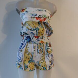 Sartoria Saracena White Multicolor Pure Linen Strapless Floral Romper Shorts S